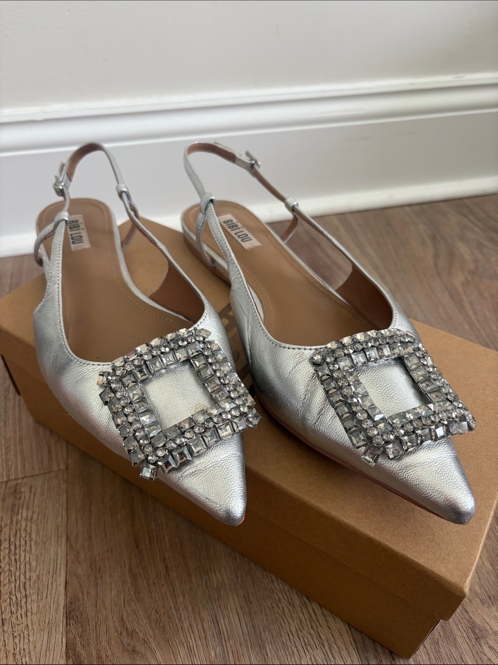 Bibilou Silver Slingback Mules with Crystal Square Buckle